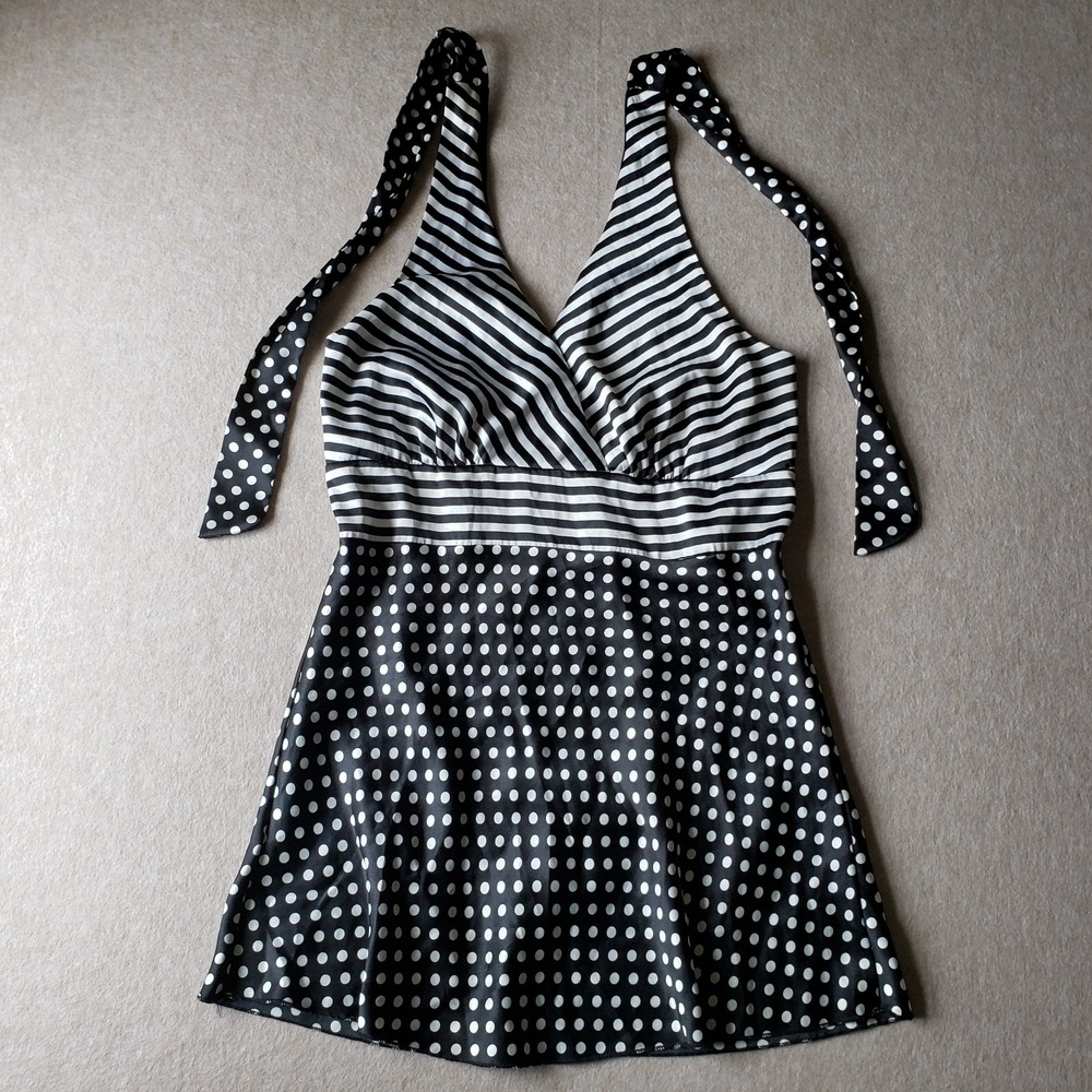 Vtg Preppy Y2K Babydoll Halter Dress Satin Polkadot Stripe Retro Graphic Sz M - Picture 8 of 16